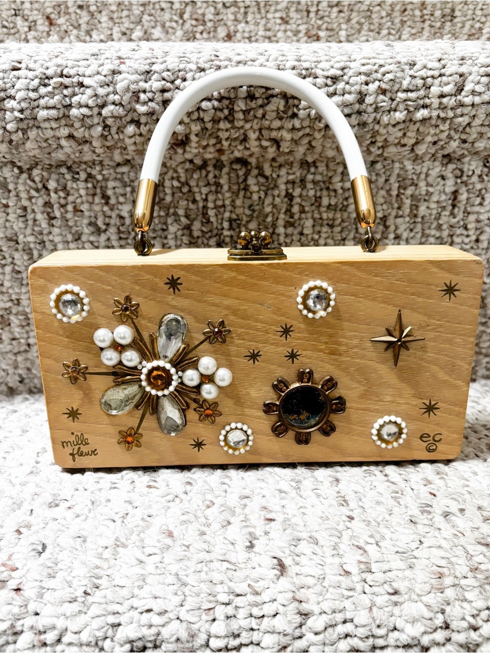 Enid Collins 1967 Vintage Embellished Wood Box Bag with White Handle